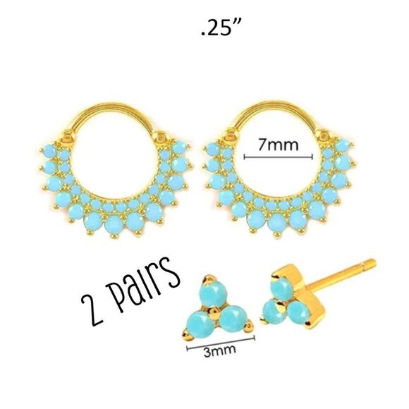 925 Sterling Silver Needle Turquoise Flower  Hoop Premium Blue Hoop Earrings - Picture 1 of 7